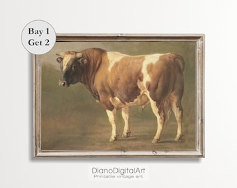Stier Malerei, Stier Portrait, Vintage Kuh Ölgemälde, Bauernhof Tier, printable digitaler Download