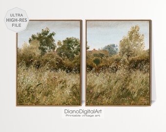 Set of 2 Vintage Meadow Painting, Country Landscape Print, Printable Rustic Farmhouse Decor, Digital Download
