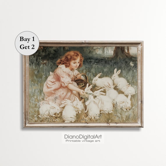 Easter Bunny Printable Nursery Decor, Girl in Field With Rabbits, Vintage Easter Art Prints, Digital Printable Kids Room