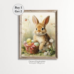 Easter Bunny Printable Nursery Decor, Vintage Cottage Easter Decor, Digital Printable Kids Room