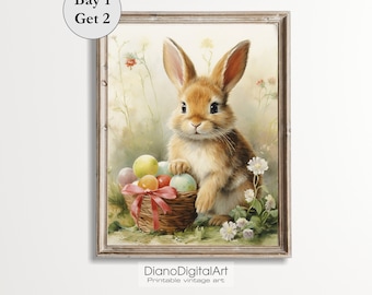 Easter Bunny Printable Nursery Decor, Vintage Cottage Easter Decor, Digital Printable Kids Room