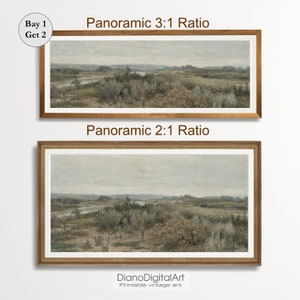 Printable Long Landscape Art, Country Farmhouse Vintage Painting, Above Bed Decor, Moody Panoramic Print, Digital Download