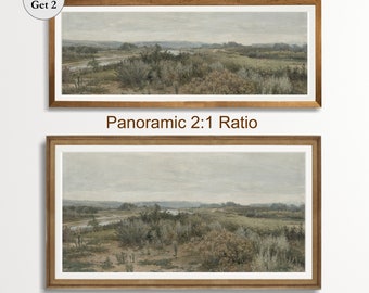 Printable Long Landscape Art, Country Farmhouse Vintage Painting, Above Bed Decor, Moody Panoramic Print, Digital Download