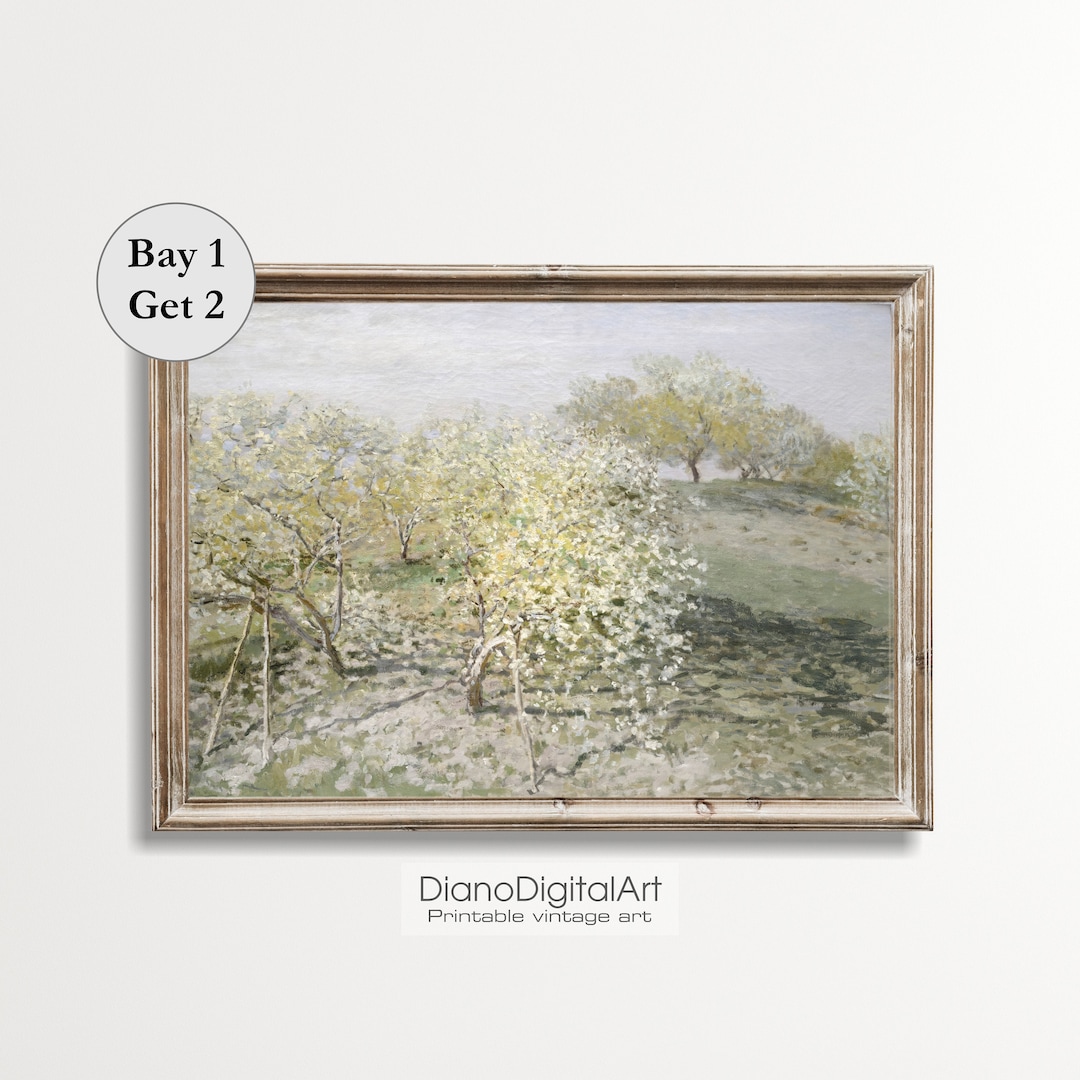 Apple Orchard Landscape Art Print , Apple Blossoms Painting, Farmhouse ...
