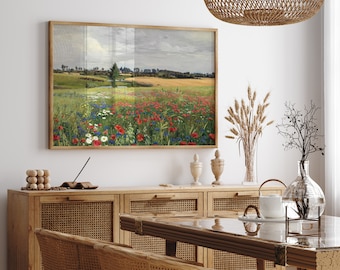 Pintura de paisagem de prado de primavera, arte de parede para impressão de flores silvestres vintage, download digital