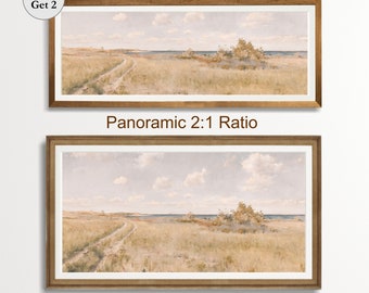 Country Road Panoramic Wall Art, Antique Seaside Summer landscape Oil Painting, Vintage Soft Tones Art, Muted Decor, Digital Download