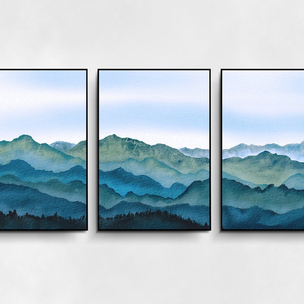 Watercolor Abstract landscape Poster set of 3, Blue Mountain Wall Art,  Instant  Download, Minimalist Mountain Poster, Printable Art Decor