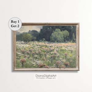 Meadow Landscape Painting, Vintage Spring Printable Wall Art, Warm Tone Art Print, Rustic Wall Art, Printable Oil Painting Digital Download