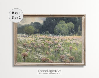 Wiese Landschaft Gemälde, Vintage Frühling druckbare Wandkunst, warmer Ton Kunstdruck, rustikale Wandkunst, druckbare Ölgemälde digitaler Download