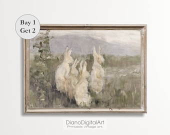 Easter Bunnies  in a Field Printable, Spring Artwork,  Vintage Easter Print,Vintage Rabbit  Painting Art, Digital Download