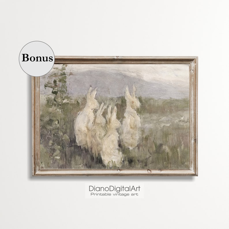 May include: A vintage painting of a group of white rabbits in a field. The rabbits are facing forward and are painted in a realistic style. The background is a soft, muted green and blue.