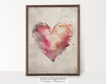 Valentines Day Red Pink Heart Print, Valentine Watercolor Wall Art, Romantic Red Heart Poster Sign, Digital Download