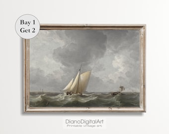 ビンテージ航海プリント、帆船の絵画、落ち着いた水彩画の帆船プリント、ボートの壁アート、海岸の印刷可能なデジタルダウンロード