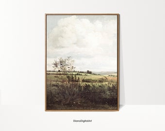 May include: A painting of a landscape with a large white cloud in the sky, green hills, and a small tree in the foreground.