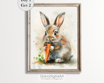 Cute Easter Bunny With Carrot Printable Wall Art, Spring Rabbit Picture, Vintage Spring  Easter  Wall Print, Digital Printable Kids Room