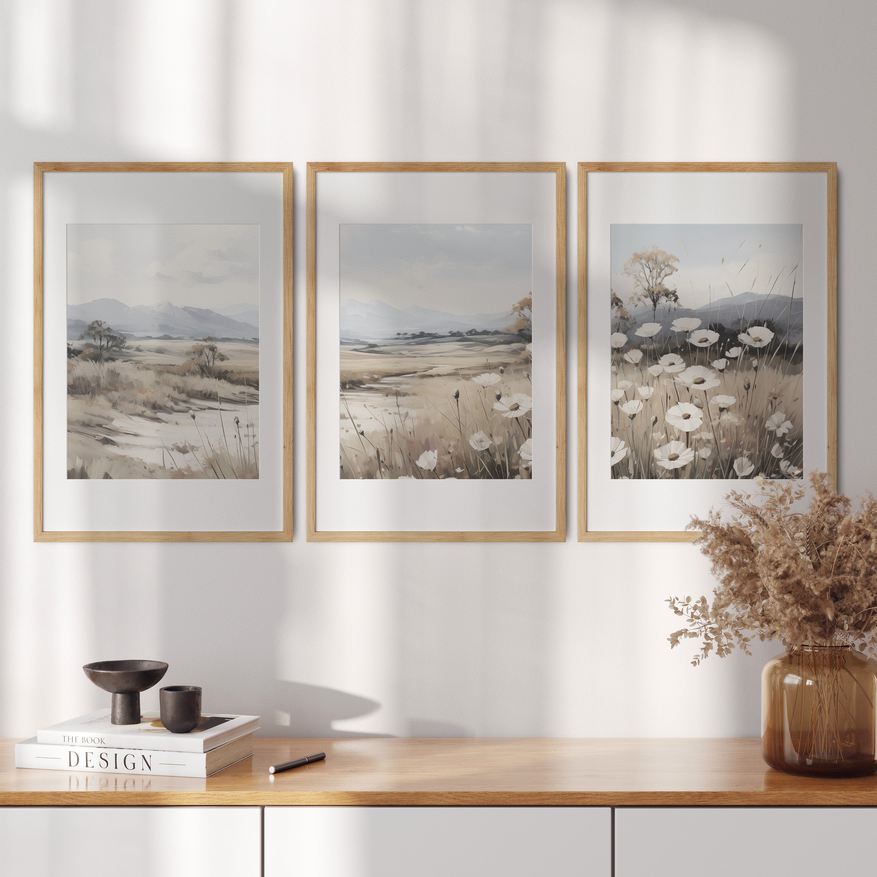 Printable Landscape Painting Set of 3, Spring Field Landscape With ...