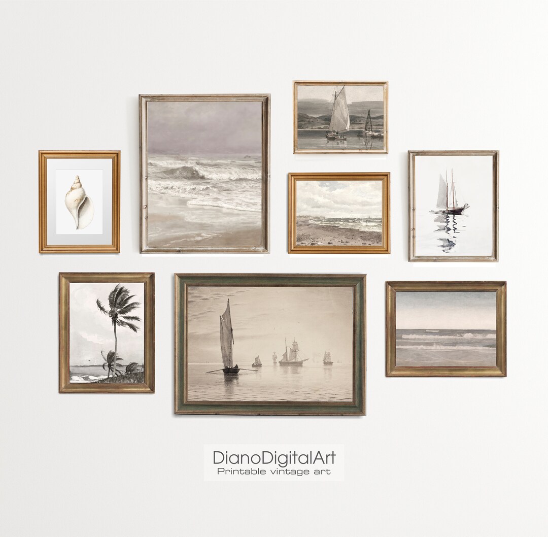 Vintage Coastal Gallery Wall Art Set of Eight, Nautical Neutral Wall