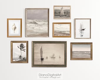 Vintage Coastal Gallery Wall Art Set van acht, nautische neutrale muurkunst schilderij voor digitale download, afdrukbare muurkunst