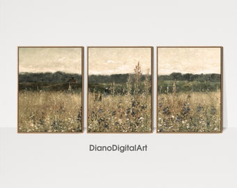 Printable Wildflower Field Landscape Vintage Painting  Set of 3 Vintage Wall Art | Country Field Wall Art |  Digital Download