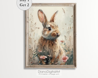 Easter Bunny Printable Nursery Decor, Vintage Cottage Easter Decor, Digital Printable Kids Room