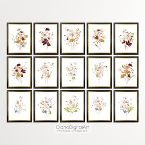 水彩画の野花プリント 15 枚セット、印刷可能な植物アート、花のアート、農家のアートプリント、即時ダウンロード