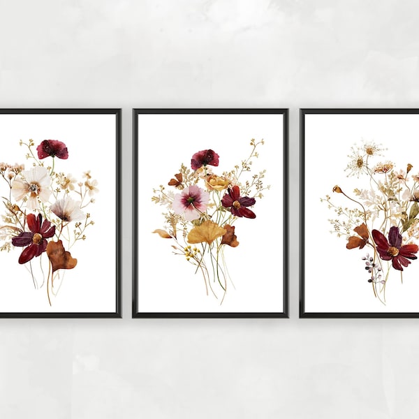 Aquarelle Wildflower Print Set de 3. Décor d’automne. Estampes d’automne.Art botanique. Art floral. Tirages d’art de ferme. Estampes botaniques d’automne.