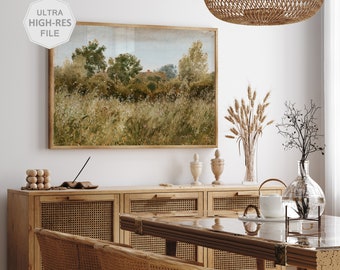 Muted Green Meadow Vintage Painting, Country Landscape Art Print,  Printable Wall Art, Digital Download