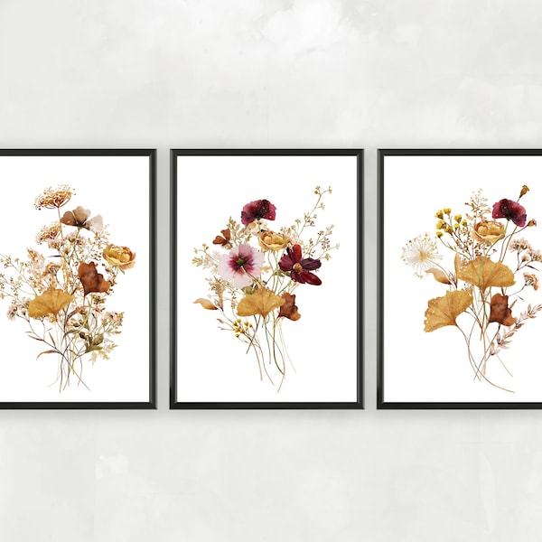 Watercolor Botanical Print Set of 3. Fall Decor. Autumn Prints.Botanical Art. Floral Art. Farmhouse Art Prints. Fall Botanical Prints.