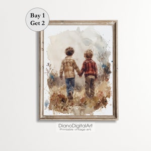 Two Boys in a Field Holding Hands,Printable Picture,Boys Room Wall Art, Two Brothers Art, Printable Pictures for Kids Room, Digital Download