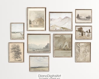 Gallery Wall Print Set, Vintage Neutral fine  Art Print Gallery Wall Set, Consisting of 10 Vintage Landscape Paintings, Printable Wall Art