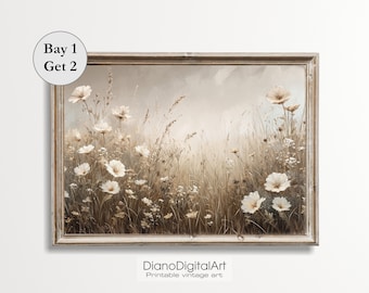 Printable Wildflower Field Landscape ,Warm Tone Painting, Farmhouse Wall Art, Country Field Landscape Painting Printable, Digital Download