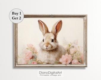 Easter Bunny Printable Nursery Decor, Vintage Cottage Easter Decor, Pink Wall Art, Digital Printable Kids Room