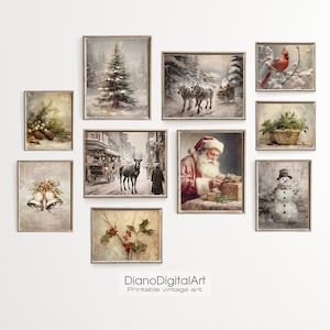 Printable winter and Christmas wall arts set of ten, farmhouse Christmas decor, Santa Claus Painting, Digital Download