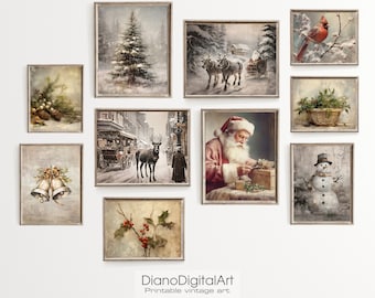Printable winter and Christmas wall arts set of ten, farmhouse Christmas decor, Santa Claus Painting, Digital Download