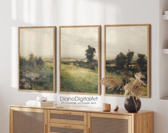 Printable Landscape Vintage Painting Set of 3, Vintage Country Painting, Rustic Farmhouse Decor, Digital Download