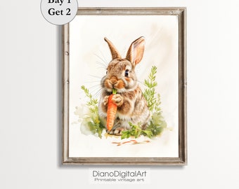 Cute Easter Bunny With Carrot Printable Wall Art, Spring Rabbit Picture, Vintage Spring  Easter  Wall Print, Digital Printable Kids Room