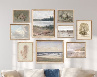Vintage  Set of 9 Gallery Prints for Digital Download, Neutral Tone Printable Wall Art