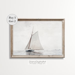 Vintage Sailboat Watercolor Painting, Seascape Watercolor Art, Coastal Seaside Painting, Nautical Wall Decor, Digital Download