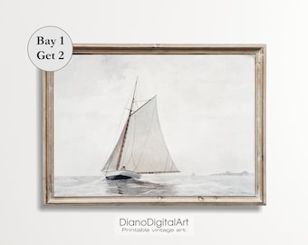 Pintura de acuarela de velero vintage, arte de acuarela de paisaje marino, pintura costera junto al mar, decoración de pared náutica, descarga digital