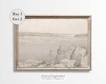Printable Vintage Coastal Seaside Painting, Vintage Seascape Art, Neutral Landscape Painting, Muted Tonal Print, Digital Download
