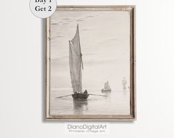 Printable Vintage Sailboat Painting, Sailboat Vintage Watercolor Art, Neutral Nautical Wall Decor, Printable Digital Download