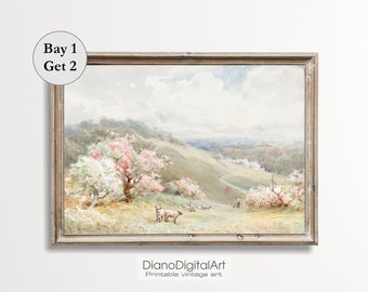 Afdrukbare lenteweide schilderij, landveld zachte kleuren, vintage schapenprint, lentelandschap, aquarel, digitale download