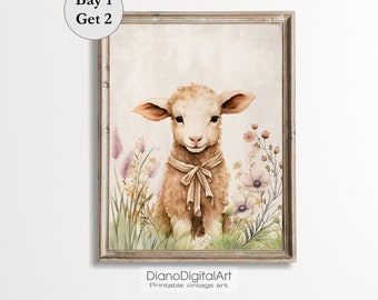 Easter  Lamb Printable Nursery Decor, Vintage Cottage Easter Decor, Digital Printable Kids Room