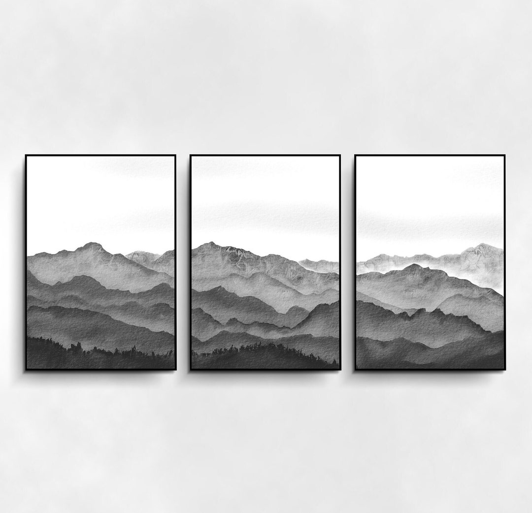 Watercolor Black and White Mountain, Wall Art Set of 3 Prints, Abstract ...