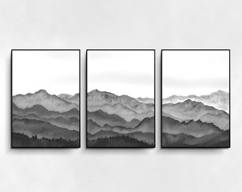 Aquarelle Noir et Blanc Montagne, Art mural Set de 3 Tirages, Paysage abstrait, Salon Minimaliste Décoration Murale, Nature Art mural