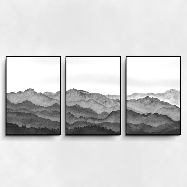 Watercolor Black and White Mountain, Wall art Set of 3 Prints, Abstract Landscape, Minimalist Living Room Wall Decor, Nature Wall art