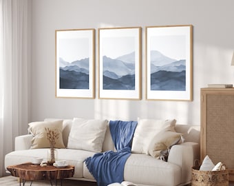 Paisaje abstracto Juego de arte de pared imprimible de 3, Paisaje de la cordillera de la acuarela, Arte de pared azul, Decoración de pared de la sala de estar minimalista