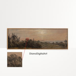 May include: A framed landscape painting depicting a rural scene with trees, fields, and a distant horizon. The sky is a soft, pale blue with a hint of pink. The painting is in a wooden frame.