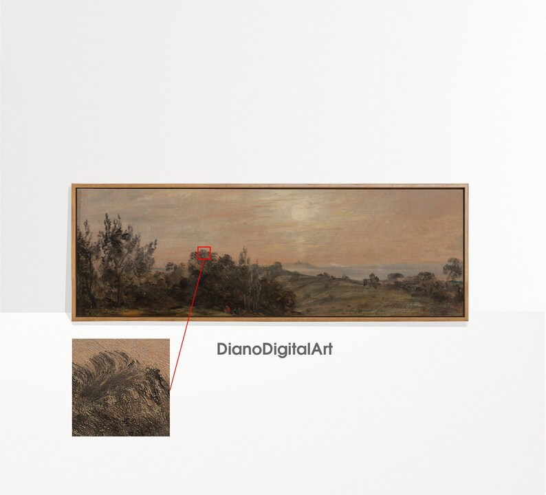 May include: A framed landscape painting depicting a rural scene with trees, fields, and a distant horizon. The sky is a soft, pale blue with a hint of pink. The painting is in a wooden frame.