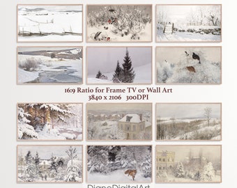 May include: A collection of framed landscape art prints depicting winter scenes. The artwork features snow-covered fields, forests, and buildings, with a muted color palette. The text "16:9 Ratio for Frame TV or Wall Art" is visible.